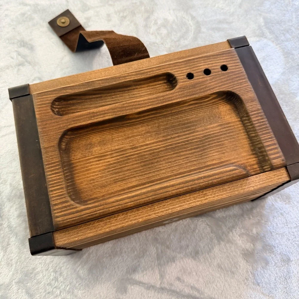 Handmade Wooden Valet Box with Leather Strap and Integrated Rolling Tray Lid